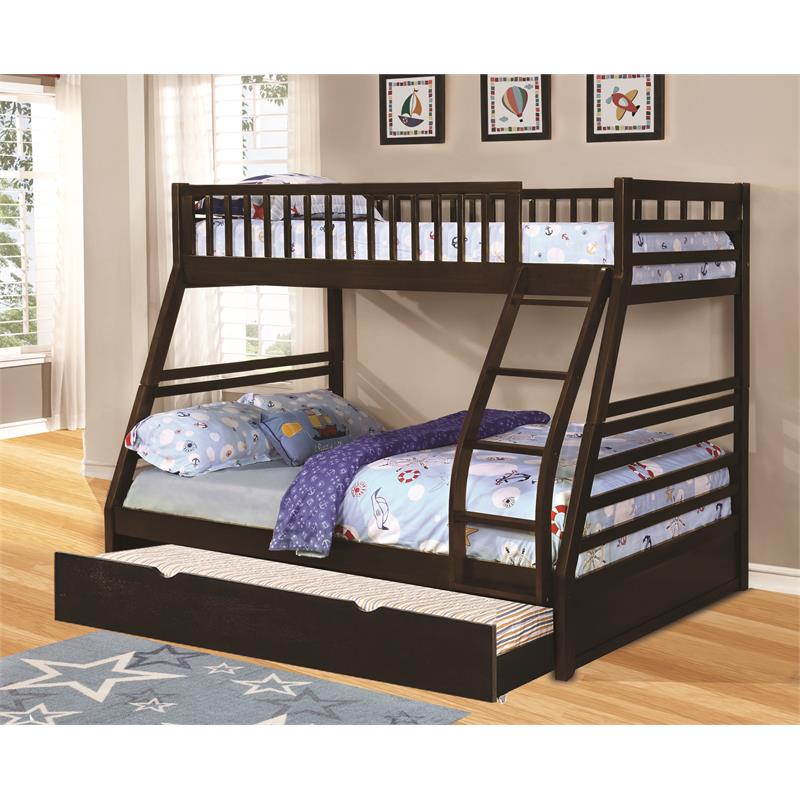 BEKids Solid Wood Twin/Full Bunk Bed with Matching Trundle in Java Brown