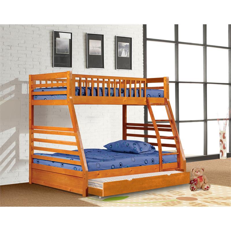 BEKids Solid Wood Twin/Full Bunk Bed with Matching Trundle in Oak