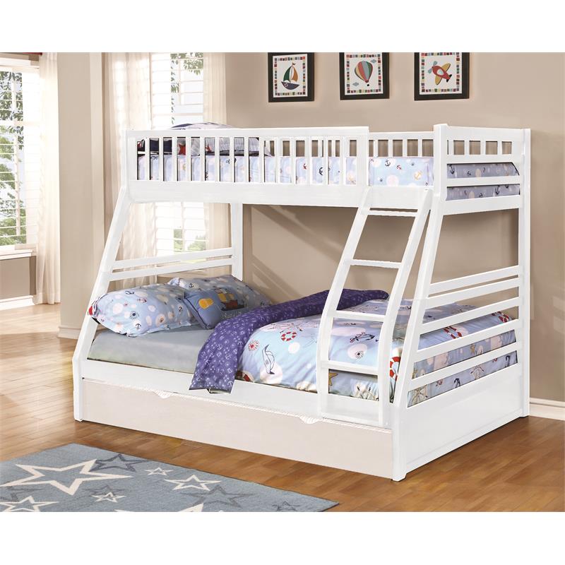 BEKids Solid Wood Twin/Full Bunk Bed with Matching Trundle in White
