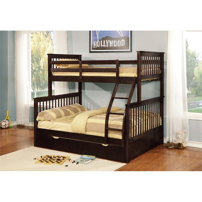 BEKids Wood Twin/Full Bunk Bed with Matching Trundle in Java Brown