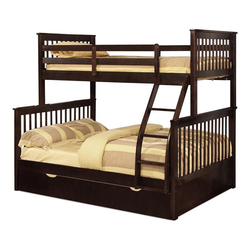 BEKids Wood Twin/Full Bunk Bed with Matching Trundle in Java Brown