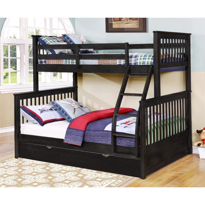 BEKids Wood Twin/Full Bunk Bed with Matching Trundle in Charcoal