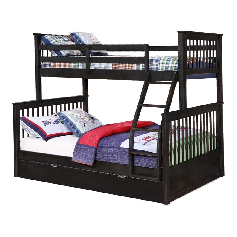 BEKids Wood Twin/Full Bunk Bed with Matching Trundle in Charcoal