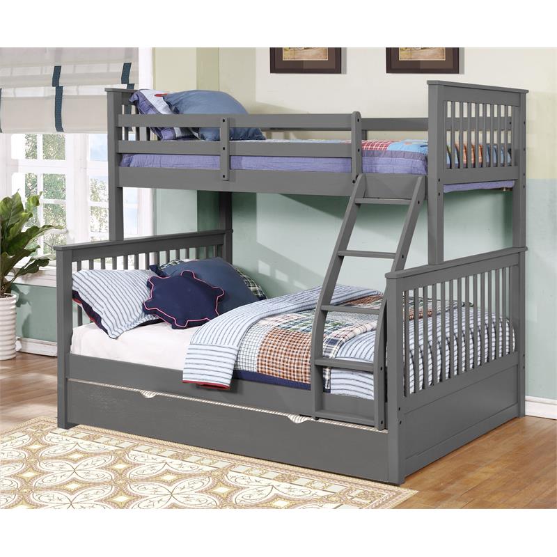 BEKids Wood Twin/Full Bunk Bed with Matching Trundle in Gray