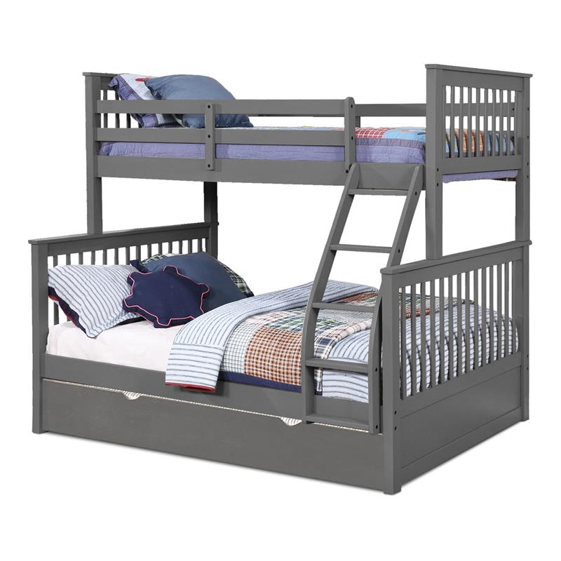BEKids Wood Twin/Full Bunk Bed with Matching Trundle in Gray