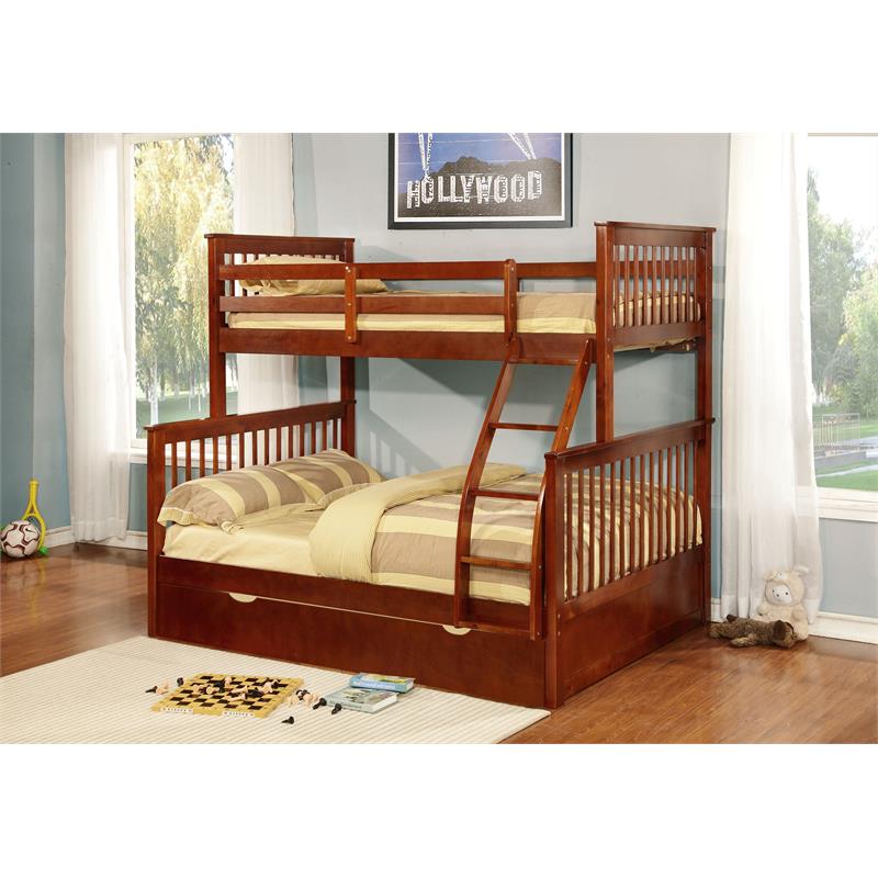 BEKids Wood Twin/Full Bunk Bed with Matching Trundle in Walnut