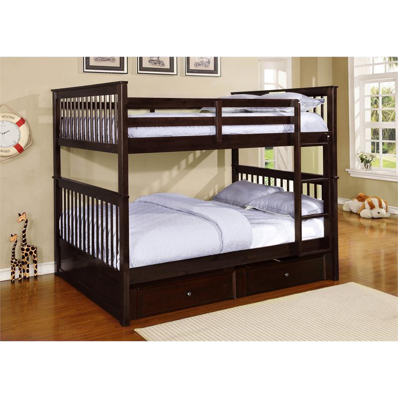 BEKids Solid Wood Full/Full Bunk Bed with Trundle/Storage in Java Brown