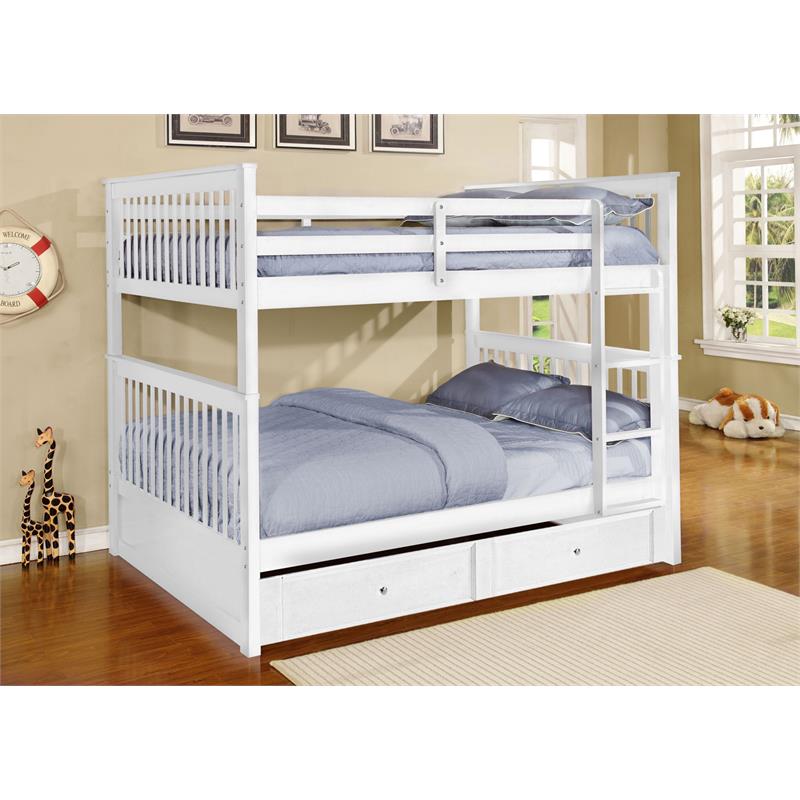 BEKids Solid Wood Full/Full Bunk Bed with Trundle/Storage in White