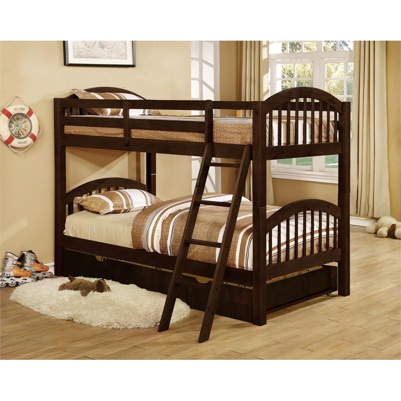 BEKids Solid Wood Twin/Twin Arched Bunk Bed with Trundle in Java Brown