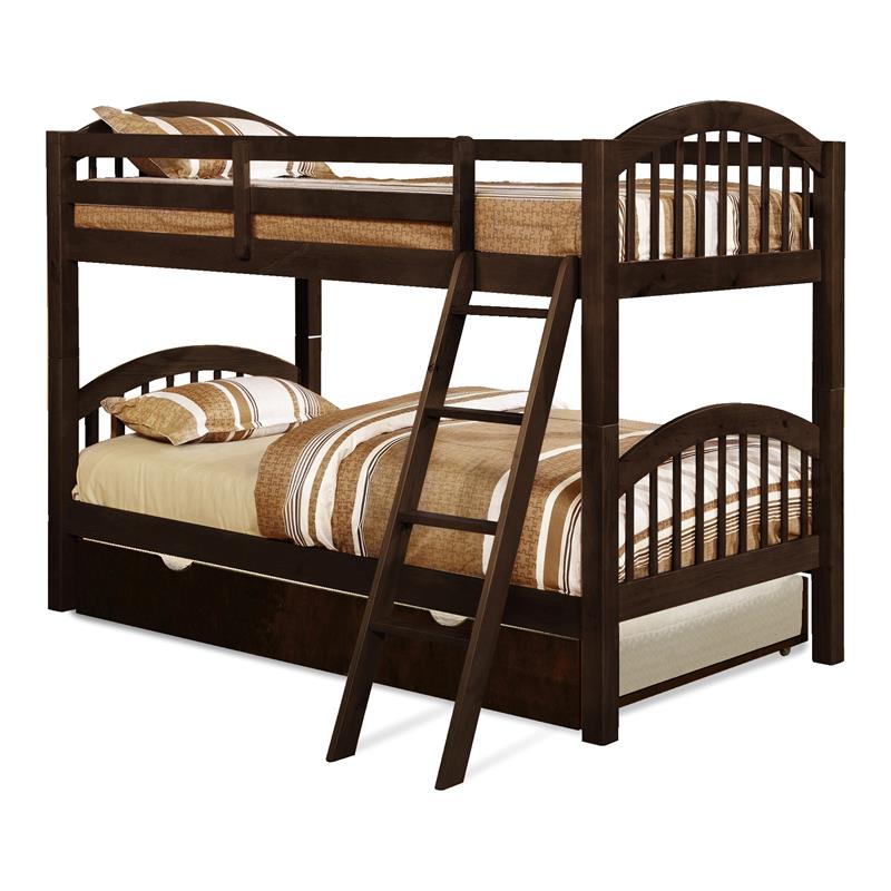 BEKids Solid Wood Twin/Twin Arched Bunk Bed with Trundle in Java Brown