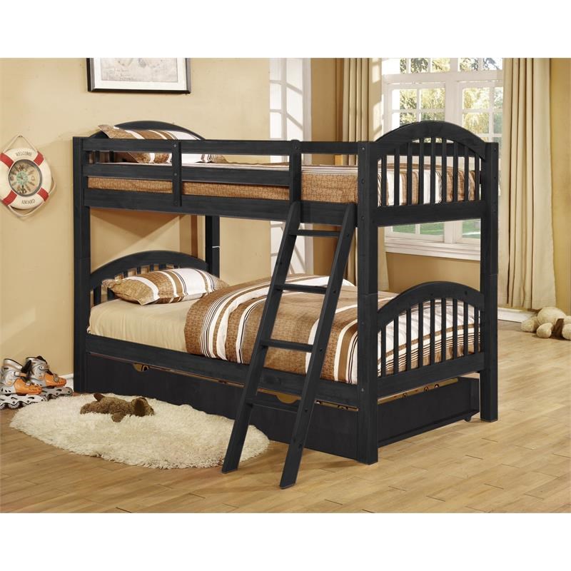 BEKids Solid Wood Twin/Twin Arched Bunk Bed with Trundle in Charcoal