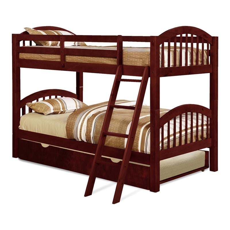 BEKids Solid Wood Twin/Twin Arched Bunk Bed with Trundle in Cherry