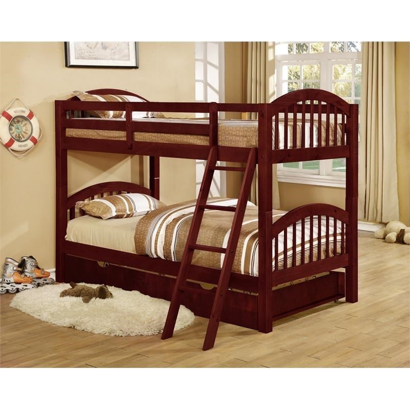 BEKids Solid Wood Twin/Twin Arched Bunk Bed with Trundle in Cherry