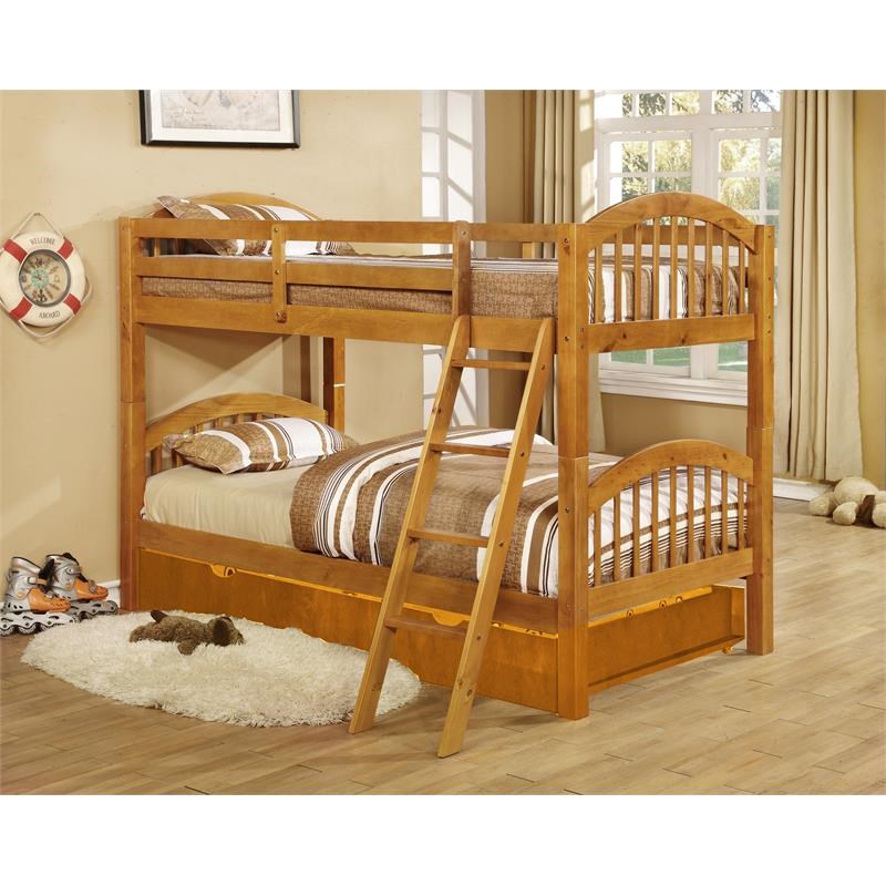 BEKids Solid Wood Twin/Twin Arched Bunk Bed with Trundle in Oak