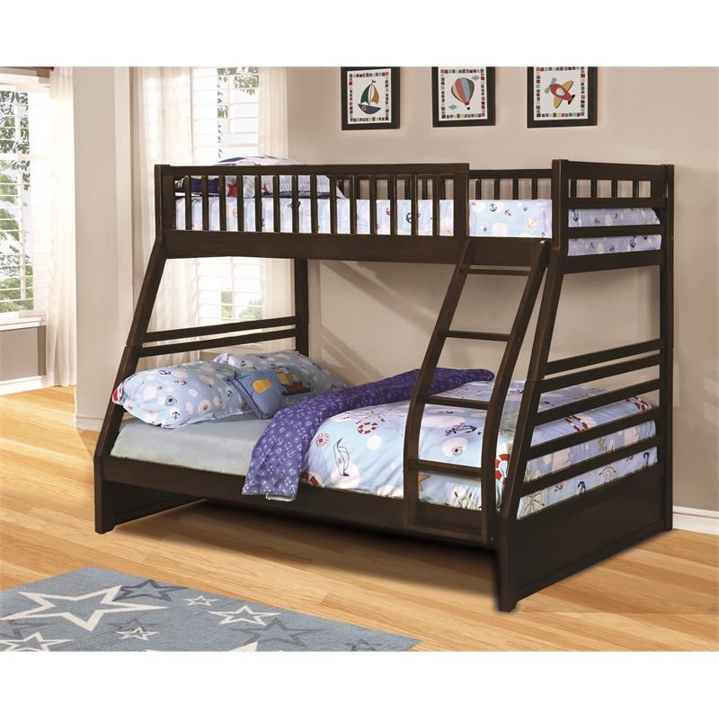 BEKids Traditional Solid Wood Twin/Full Bunk Bed with Slats in Java Brown