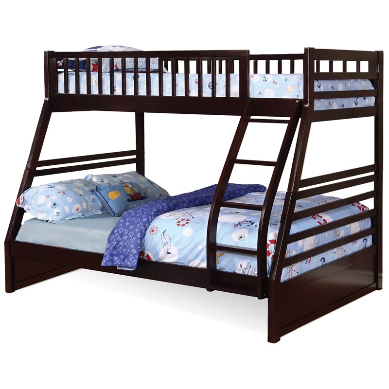 BEKids Traditional Solid Wood Twin/Full Bunk Bed with Slats in Java Brown