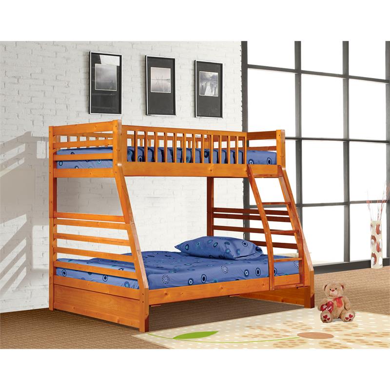 BEKids Traditional Solid Wood Twin/Full Bunk Bed with Slats in Oak