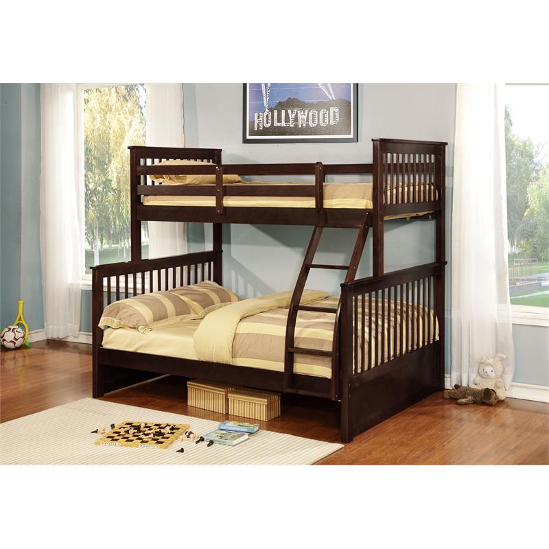 BEKids Traditional Wood Twin/Full Bunk Bed with Slats in Java Brown