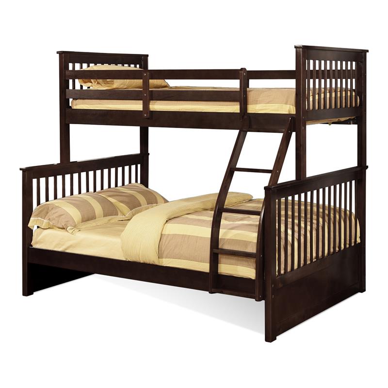 BEKids Traditional Wood Twin/Full Bunk Bed with Slats in Java Brown