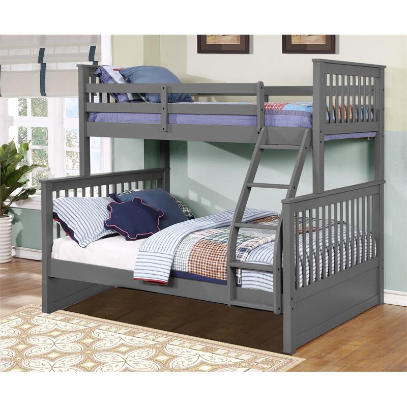 BEKids Traditional Wood Twin/Full Bunk Bed with Slats in Gray