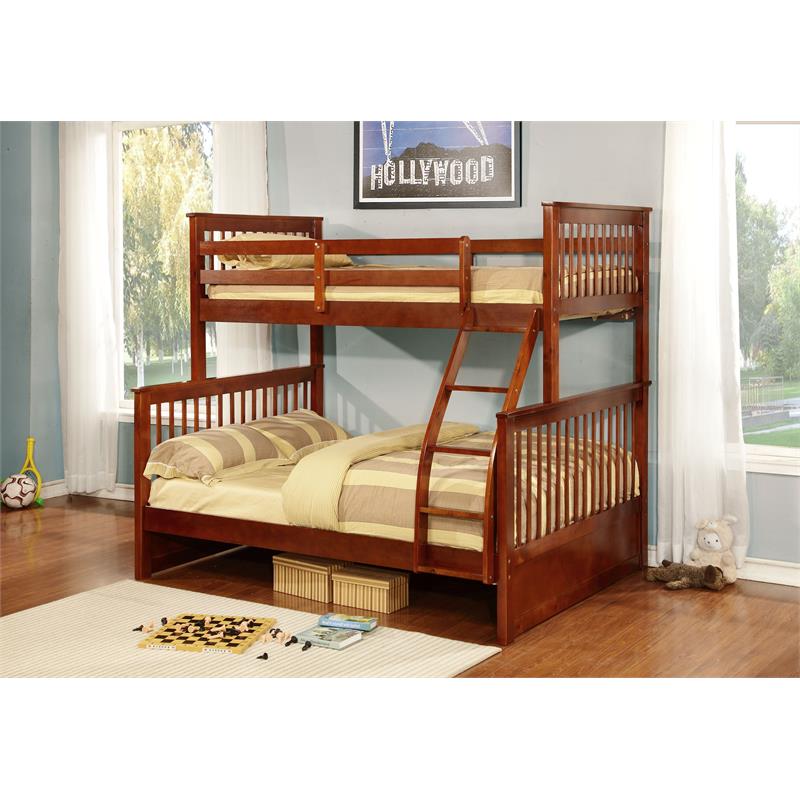BEKids Traditional Wood Twin/Full Bunk Bed with Slats in Walnut