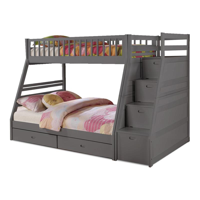 BEKids Solid Wood Twin/Full Staircase Bunk Bed with Storage in Gray