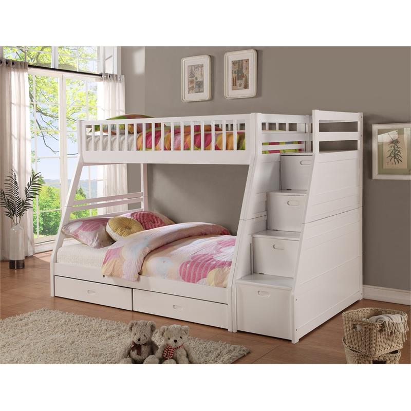 BEKids Solid Wood Twin/Full Staircase Bunk Bed with Storage in White