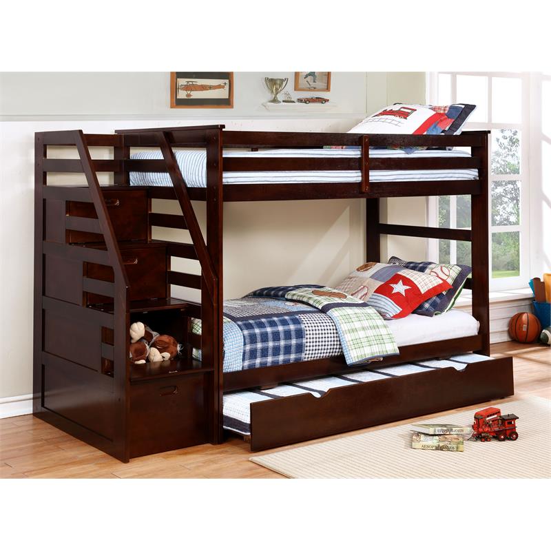 BEKids Wood Twin/Twin Staircase Bunk Bed with Trundle/Storage Steps in Brown