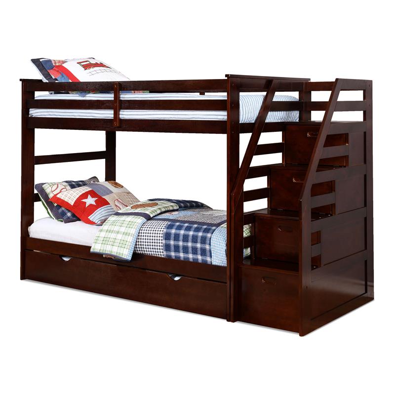 BEKids Wood Twin/Twin Staircase Bunk Bed with Trundle/Storage Steps in Brown