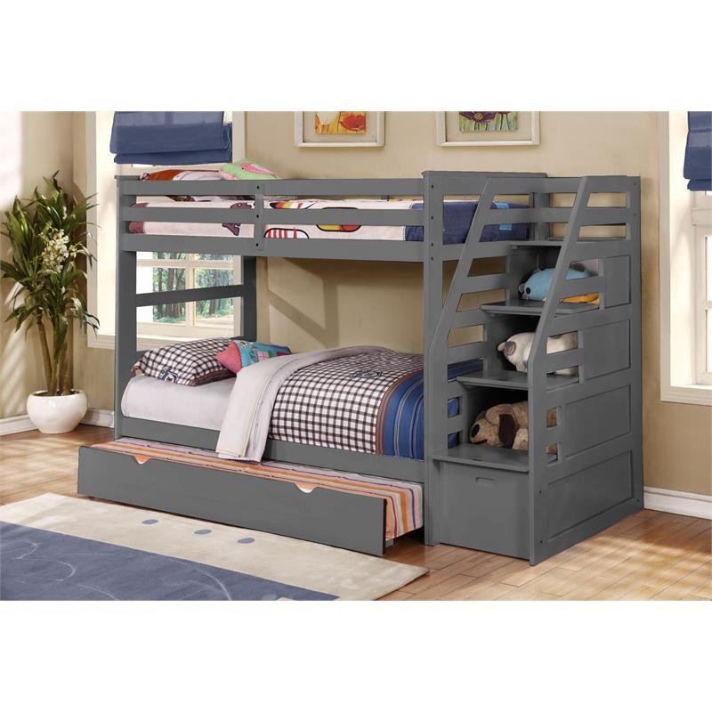 BEKids Wood Twin/Twin Staircase Bunk Bed with Trundle/Storage Steps in Gray