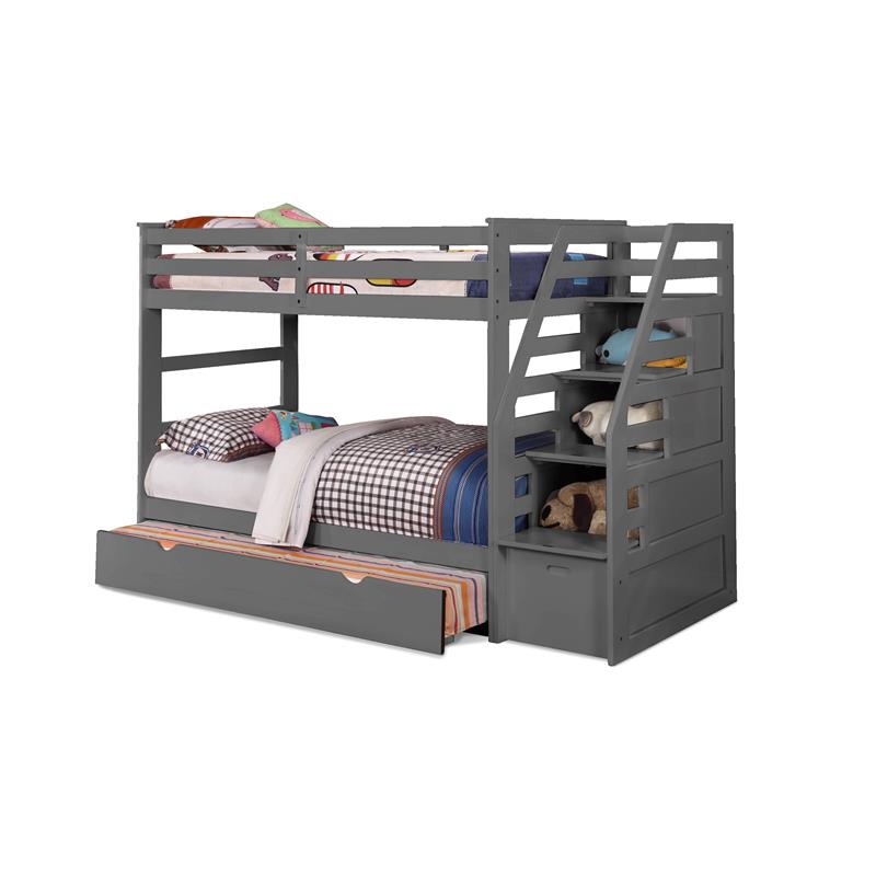 BEKids Wood Twin/Twin Staircase Bunk Bed with Trundle/Storage Steps in Gray