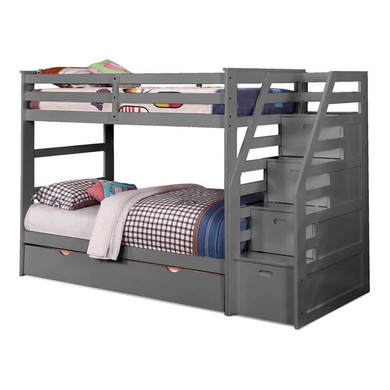BEKids Wood Twin/Twin Staircase Bunk Bed with Trundle/Storage Steps in Gray