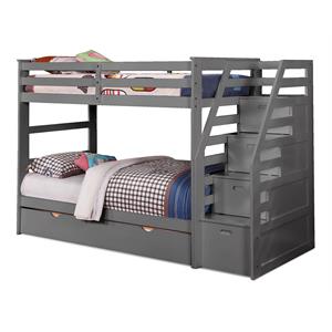 BEKids Wood Twin/Twin Staircase Bunk Bed with Trundle/Storage Steps in Gray