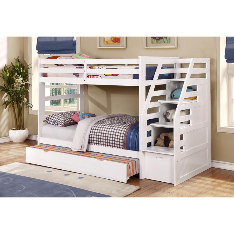 BEKids Wood Twin/Twin Staircase Bunk Bed with Trundle/Storage Steps in White