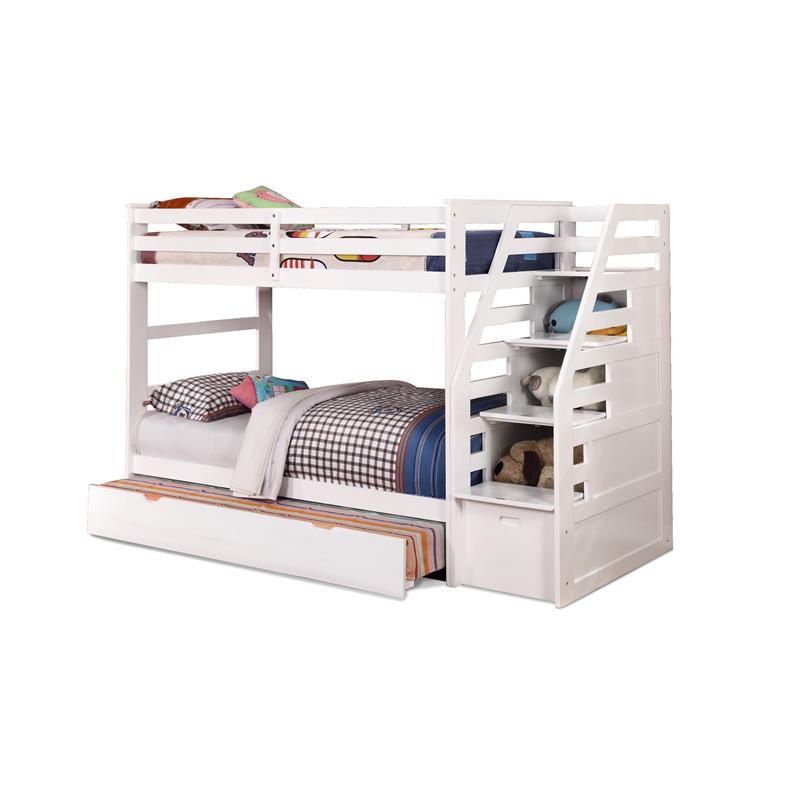BEKids Wood Twin/Twin Staircase Bunk Bed with Trundle/Storage Steps in White