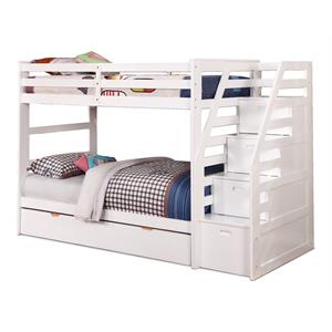 BEKids Wood Twin/Twin Staircase Bunk Bed with Trundle/Storage Steps in White