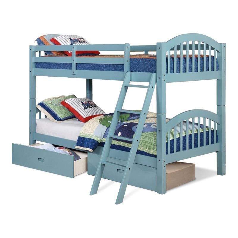 BEKids Solid Wood Twin/Twin Arched Bunk Bed with 2 Drawers in Blue