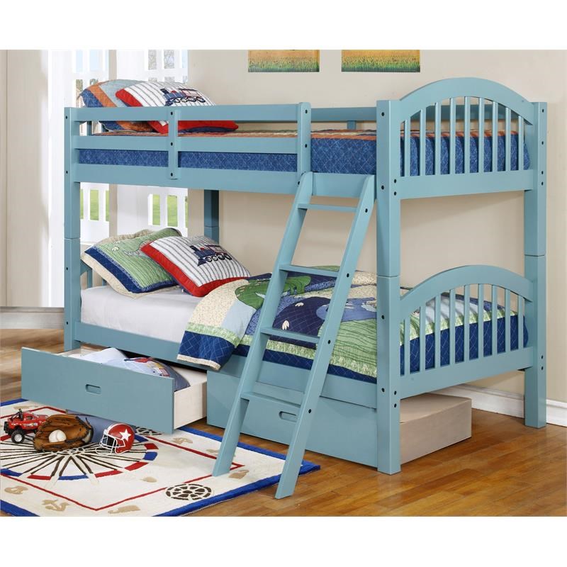 BEKids Solid Wood Twin/Twin Arched Bunk Bed with 2 Drawers in Blue