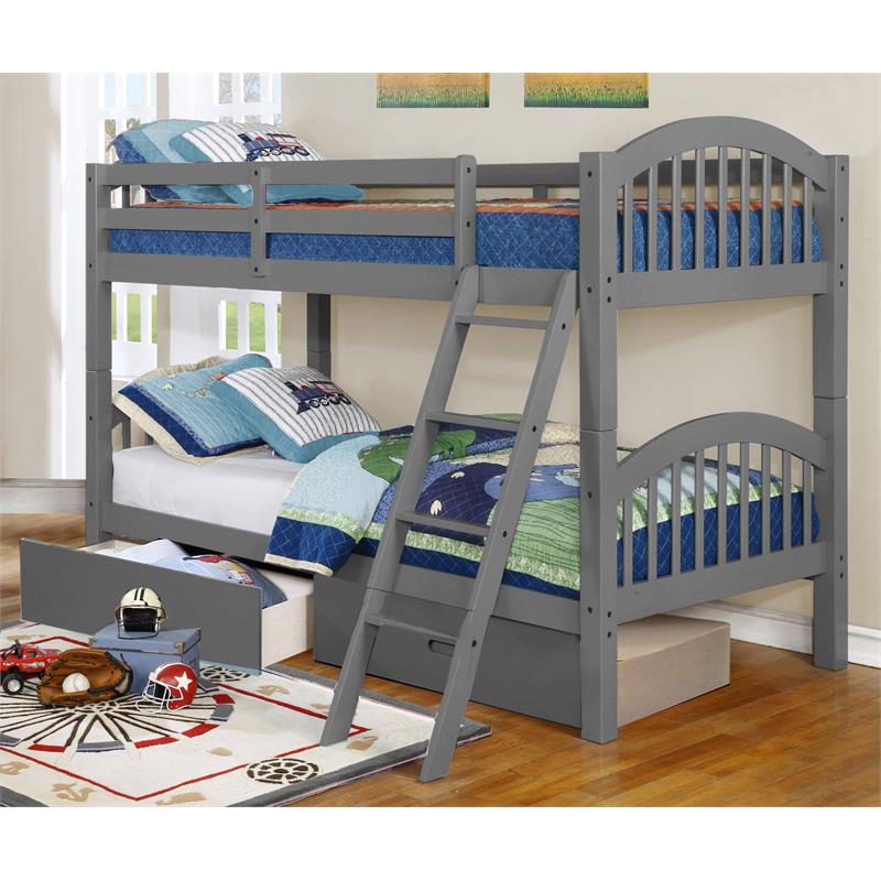 BEKids Solid Wood Twin/Twin Arched Bunk Bed with 2 Drawers in Gray