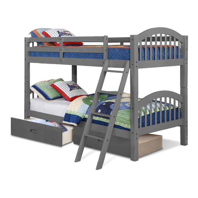 BEKids Solid Wood Twin/Twin Arched Bunk Bed with 2 Drawers in Gray