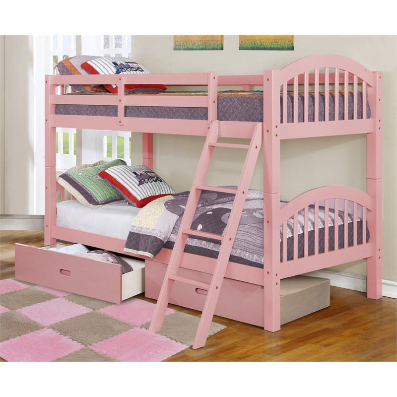 BEKids Solid Wood Twin/Twin Arched Bunk Bed with 2 Drawers in Pink