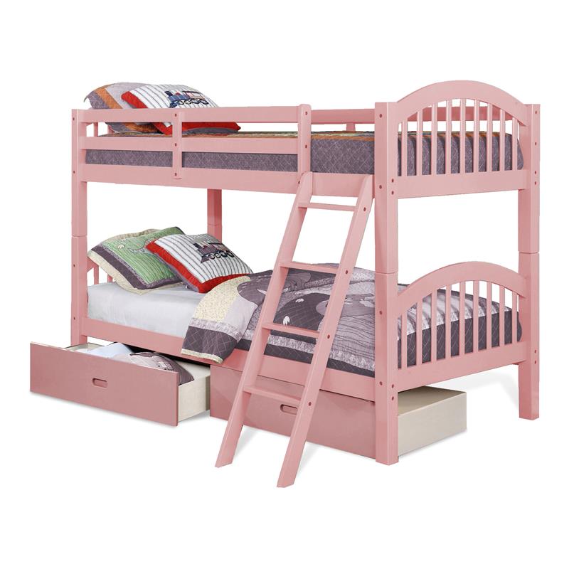 BEKids Solid Wood Twin/Twin Arched Bunk Bed with 2 Drawers in Pink