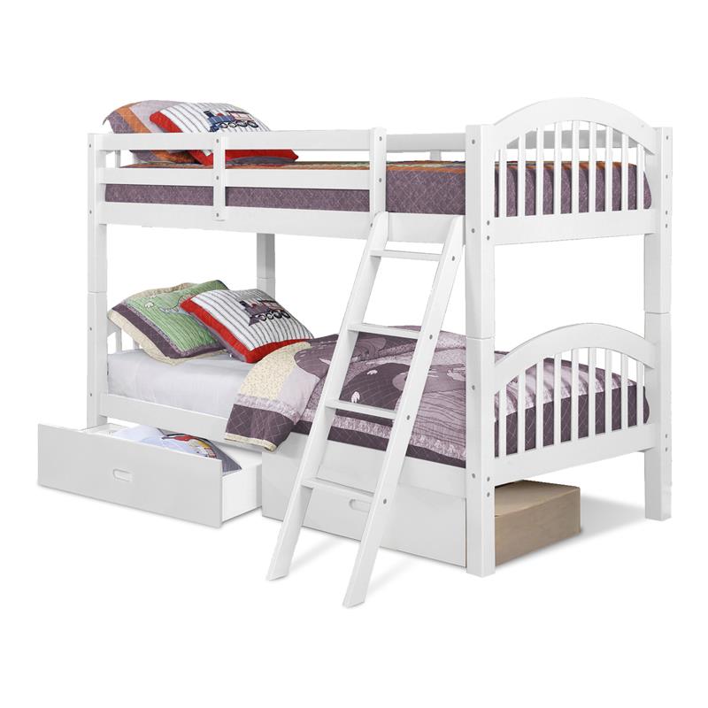 BEKids Solid Wood Twin/Twin Arched Bunk Bed with 2 Drawers in White