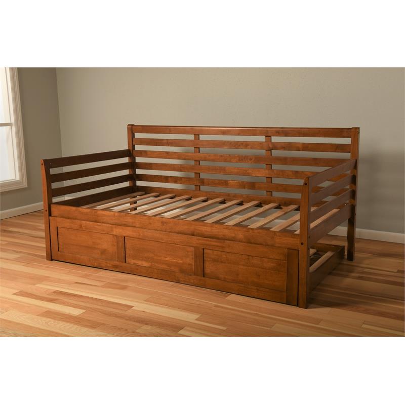Kodiak Furniture Boho Twin Traditional Solid Wood Daybed with Trundle in Brown