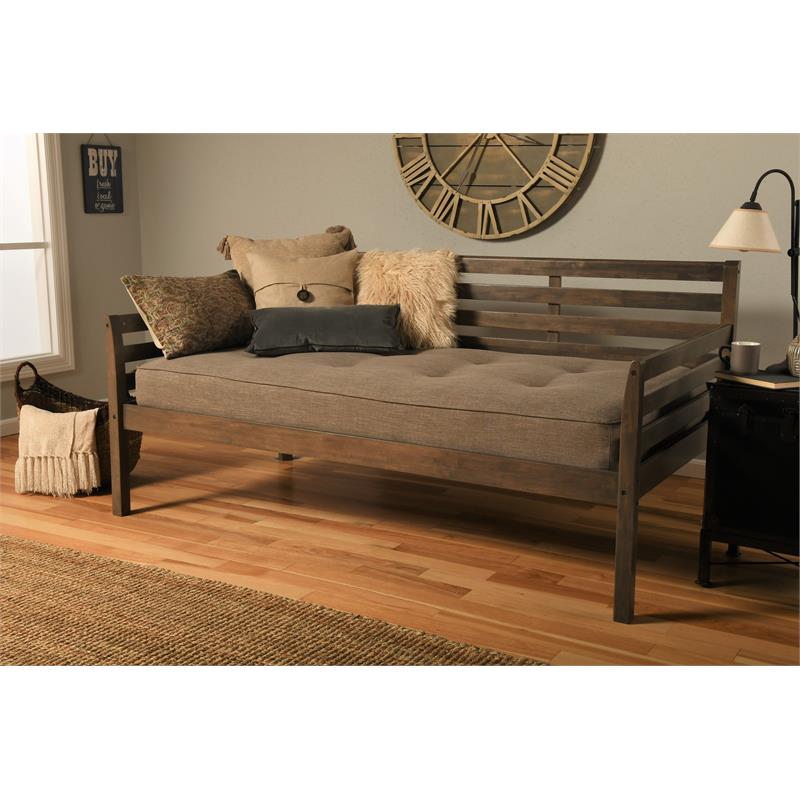Kodiak Furniture Boho Daybed in Rustic Walnut Finish with Linen Stone Mattress
