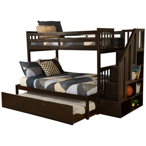 kelcie twin/full wood bunk bed with storage and trundle in dark chocolate brown