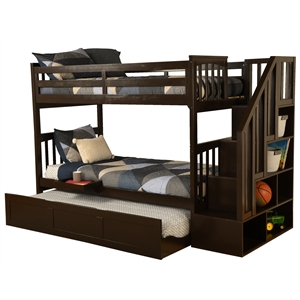 kelcie twin/twin wood bunk bed with trundle and tray in dark chocolate brown