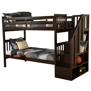 kelcie twin/twin wood bunk bed with storage and tray in dark chocolate brown