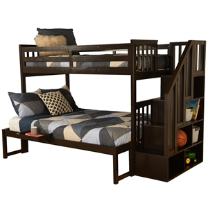 kelcie twin/full wood bunk bed with storage and tray in dark chocolate brown