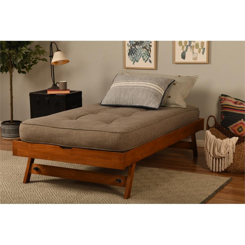 Kodiak Furniture Boho Wood Pop Up Bed in Barbados Brown w/ Linen Stone Mattress